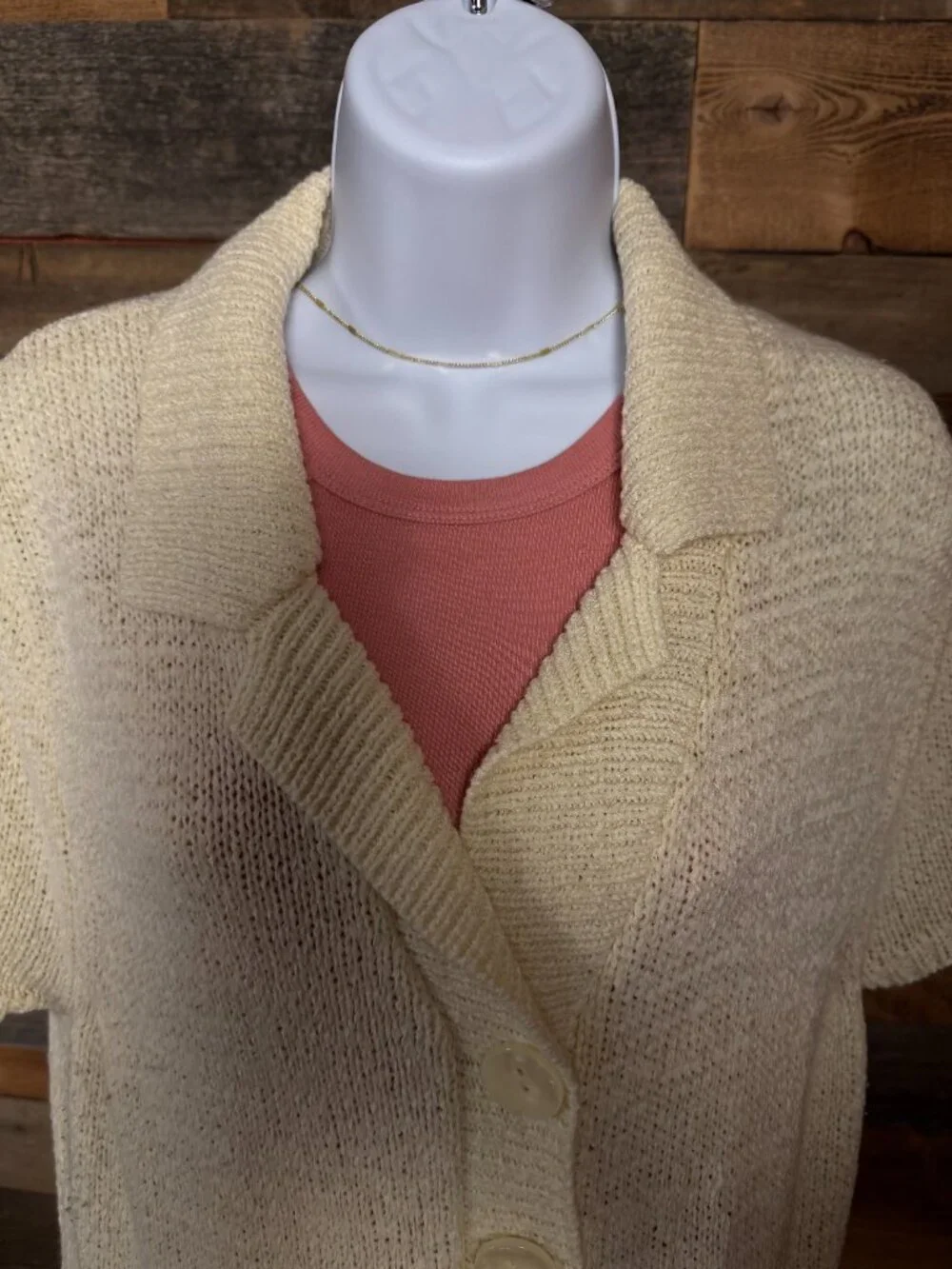 August Silk Cream Short Sleeve Cardigan XL Textured Knit Two Button Lightweight